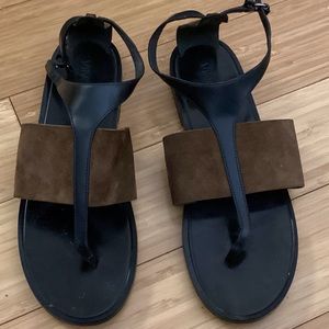 Vince - Thea, Rattan/Black Leather and Suede Sandals